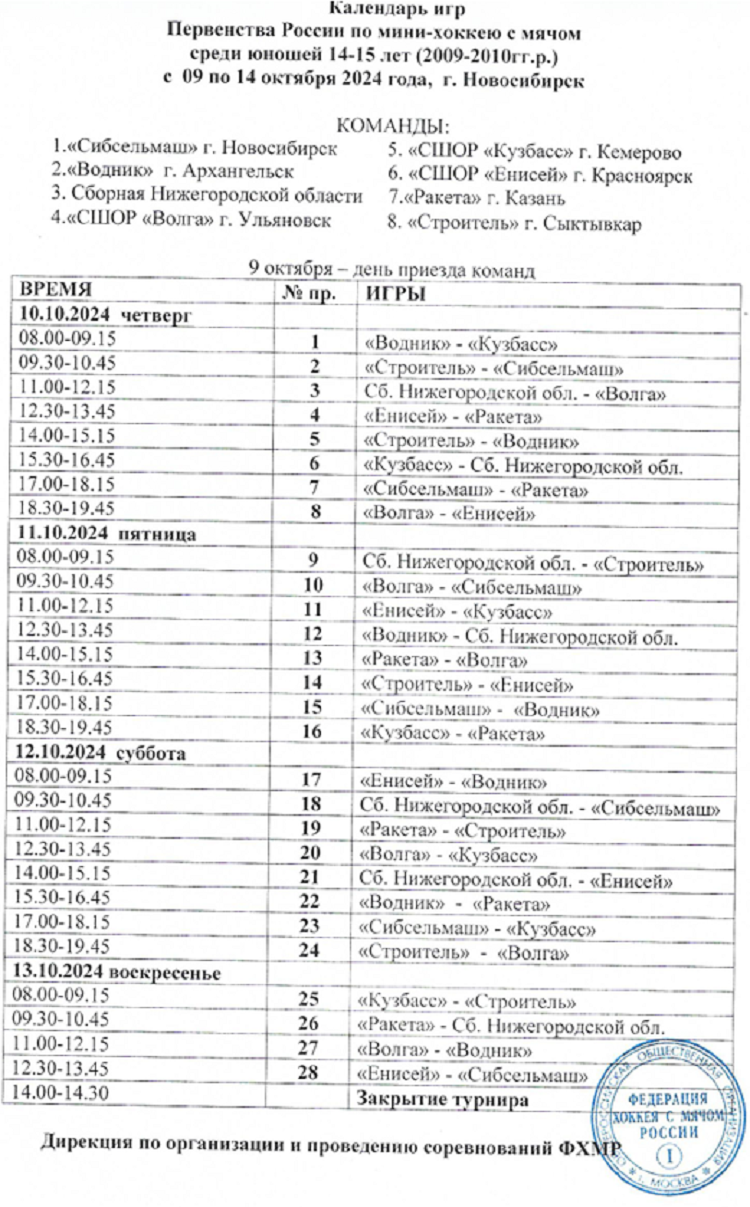 Хоккей с мячом - мини - Новосибирск 2024 - юноши 14-15 лет - календарь