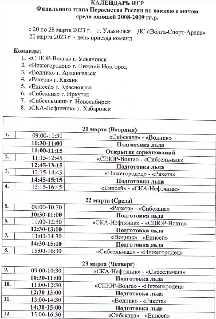 Хоккей с мячом - Ульяновск 2008-2009 гр - календарь игр1