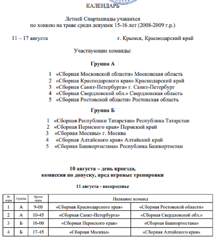 Летняя Спартакиада учащихся - хоккей на траве 2024 Крымск девушки - календарь1