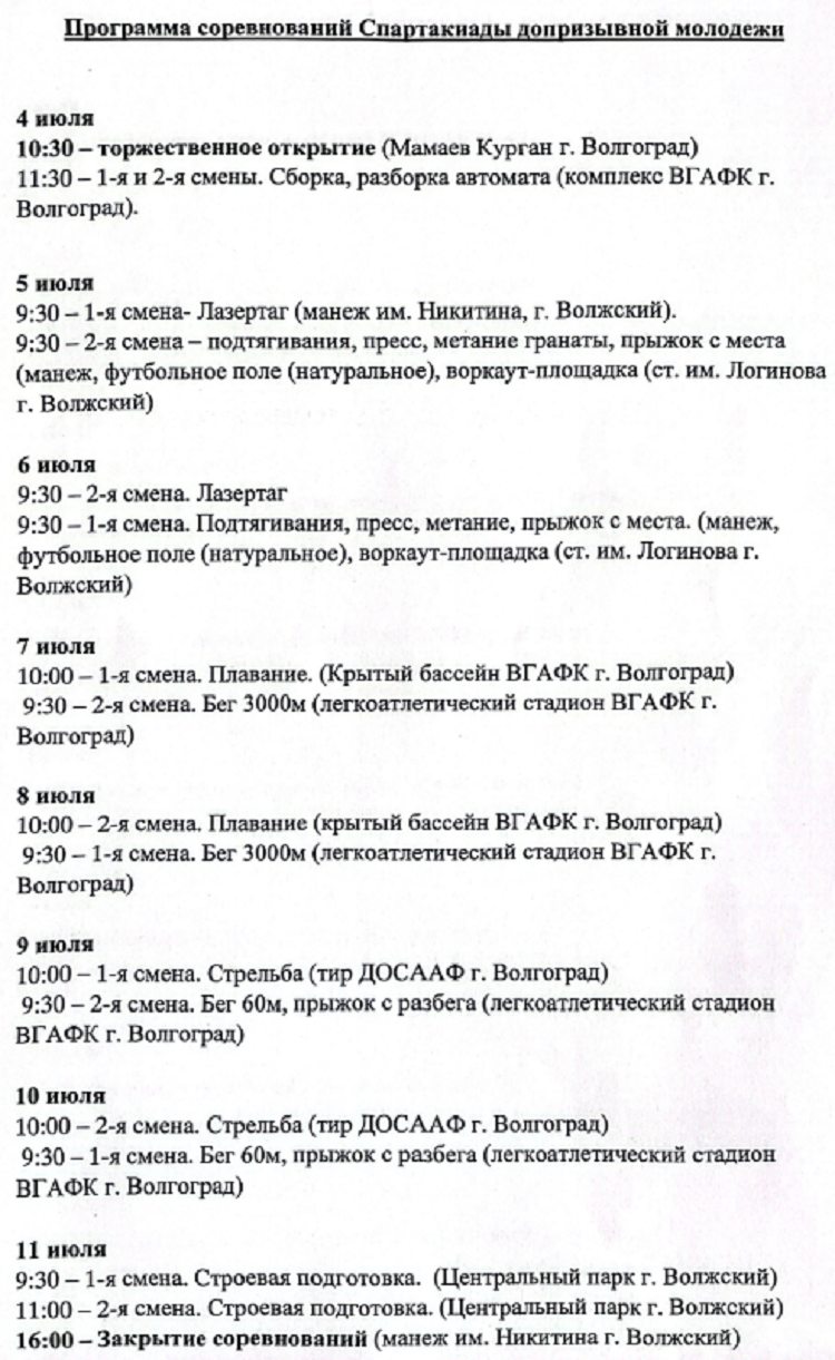 Спартакиада допризывной молодежи - Волгоград Волжский 2024 - программа