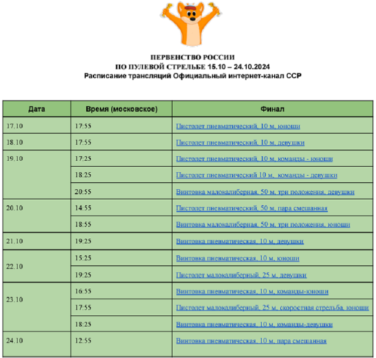 Стрельба пулевая - Ижевск 2024 - пневматика до 19 лет - расписание трансляций