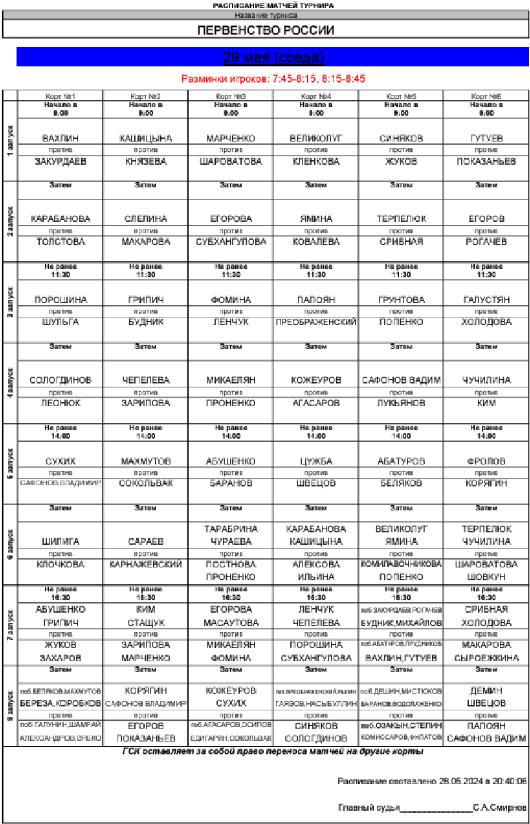 Теннис - Балашиха 13-14 лет - расписание игр на 29 мая