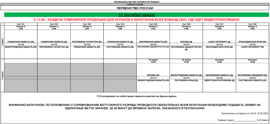 Теннис - Тольятти командное до 15 лет - расписание игр на 13 сентября 2023