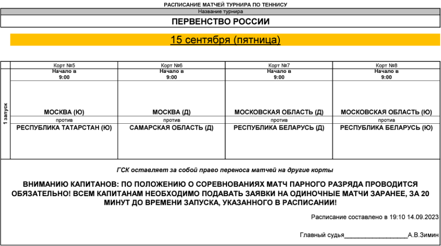 Теннис - Тольятти командное до 15 лет - расписание игр на 15 сентября 2023